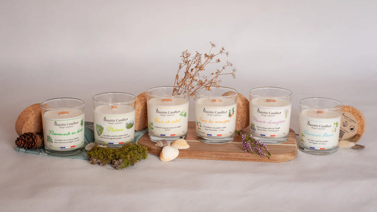 Six bougies Mazette Candle 150g, aux parfums cèdre, monoï, fleur d’oranger, lavande, jasmin et en version non parfumée