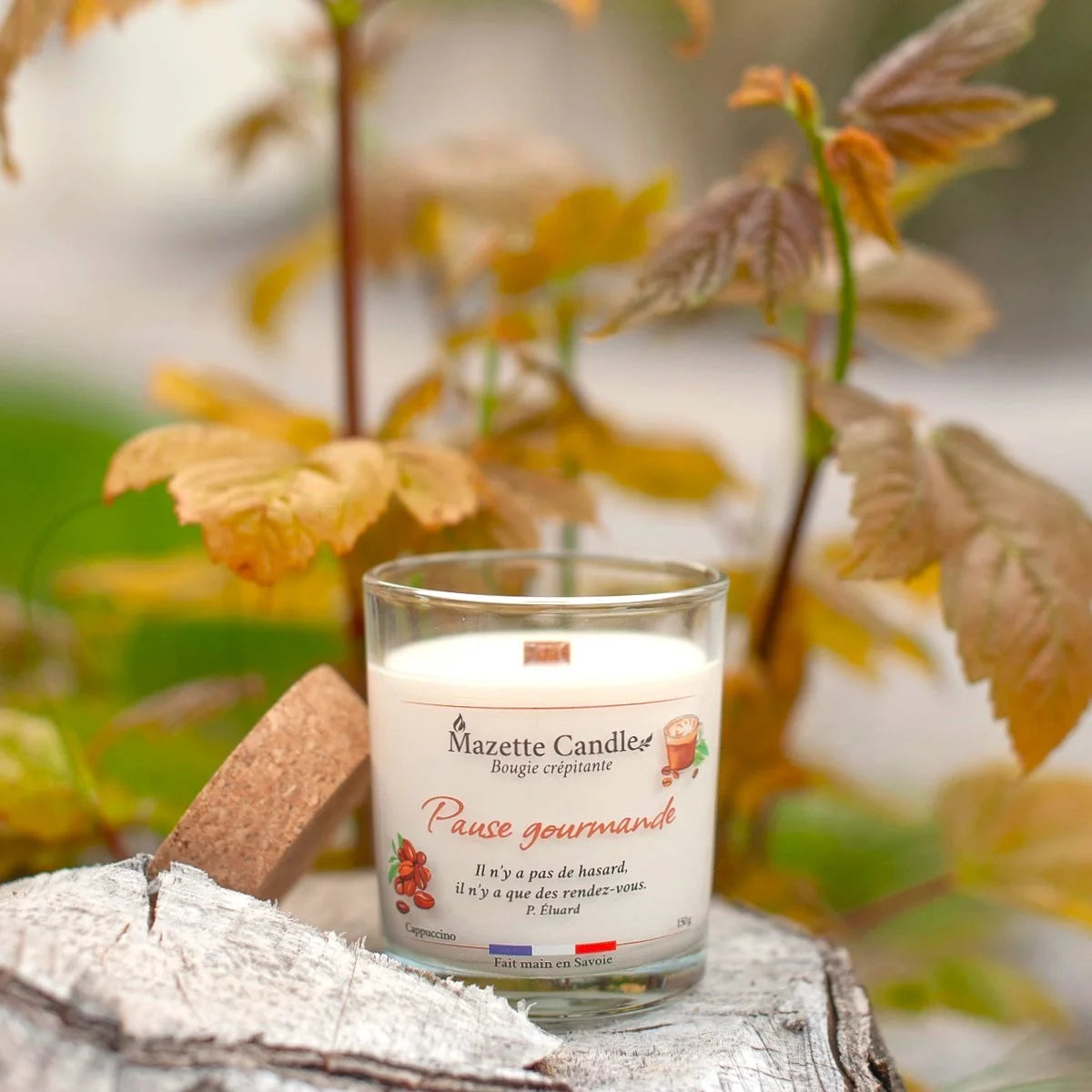 Bougie Mazette Candle Pause gourmande 150g parfum cappuccino, posée sur une souche d’arbre avec son couvercle en liège